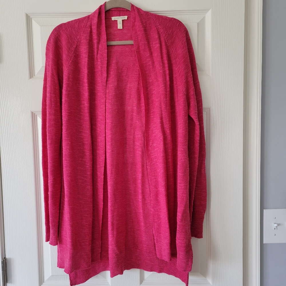 Eileen Fisher Womens Pink Heathered Textured Organic Linen Open Front Cardigan